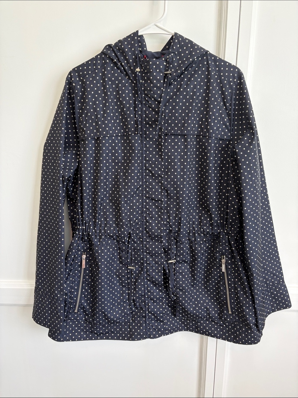 Merona Navy and White Polka Dot Hooded Rain Utility Jacket XXL